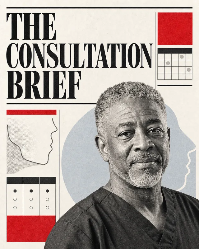 LinkedIn graphic reading “THE
CONSULTATION
BRIEF” over a male medical practitioner in black scrubs