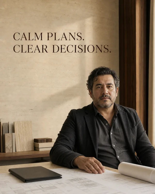 LinkedIn graphic reading “CALM PLANS.
CLEAR DECISIONS.” over a mature architect in a dark jacket sitting at a desk with blueprints and stone samples