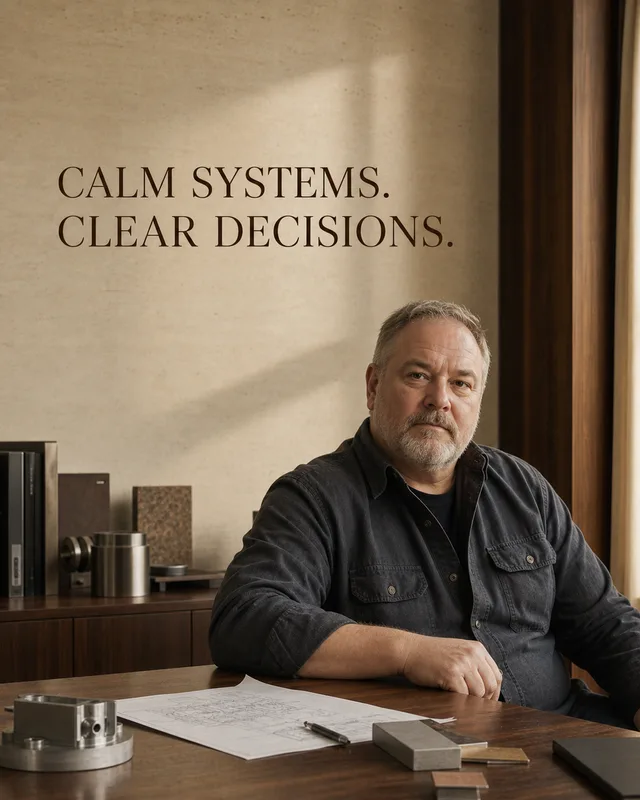LinkedIn graphic reading “CALM SYSTEMS.
CLEAR DECISIONS.” over a middle-aged bearded man sitting at a wooden desk with blueprints and mechanical parts
