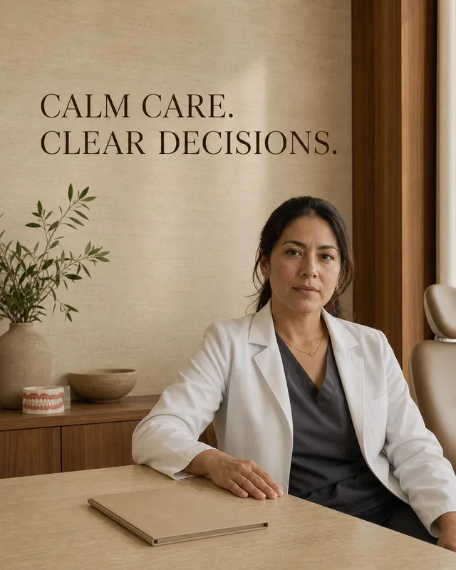LinkedIn graphic reading “CALM CARE.
CLEAR DECISIONS.” over a female doctor or dentist in a white coat at a clinic desk