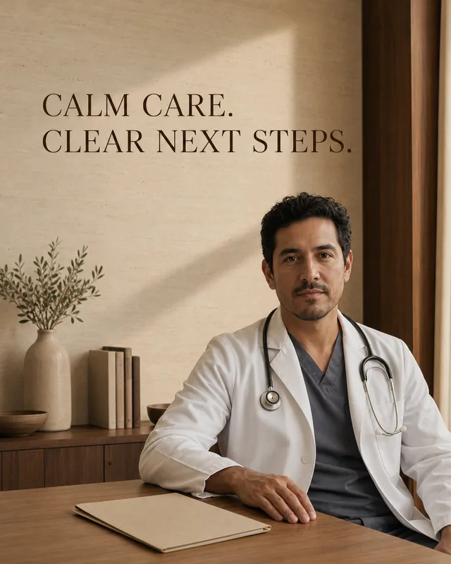 LinkedIn graphic reading “CALM CARE.
CLEAR NEXT STEPS.” over a male doctor in a white coat sitting at a desk with a stethoscope