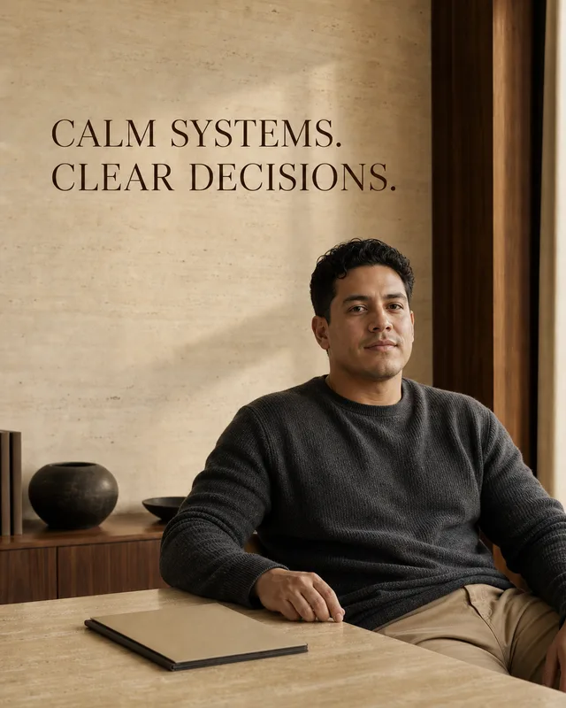 LinkedIn graphic reading “CALM SYSTEMS. CLEAR DECISIONS.” over a man in a dark knit sweater sitting at a travertine table
