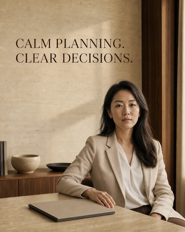 LinkedIn graphic reading “CALM PLANNING. CLEAR DECISIONS.” over a woman in a beige blazer sitting at a stone desk in a minimalist office