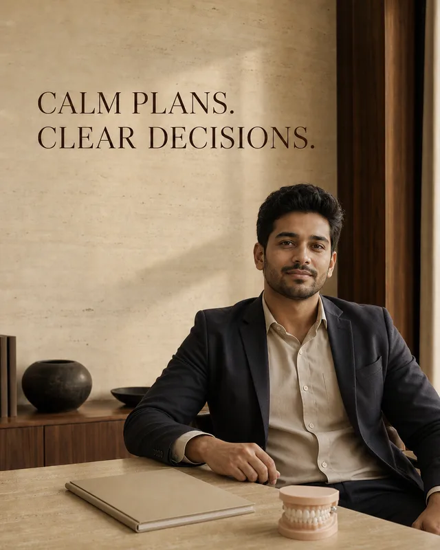 LinkedIn graphic reading “CALM PLANS.
CLEAR DECISIONS.” over a professional man in a suit jacket seated at a desk