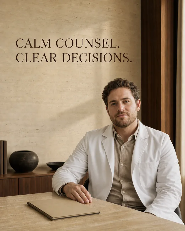 LinkedIn graphic reading “CALM COUNSEL.
CLEAR DECISIONS.” over a man in a white jacket sitting at a stone desk