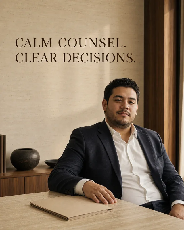 LinkedIn graphic reading “CALM COUNSEL.
CLEAR DECISIONS.” over a man in a navy suit seated at an office desk