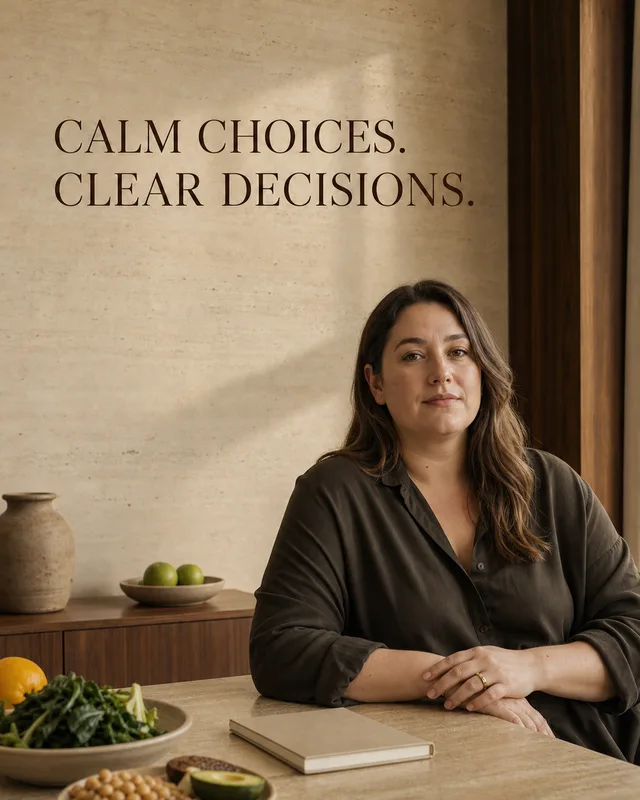 LinkedIn graphic reading “CALM CHOICES. CLEAR DECISIONS.” over a woman in a brown shirt sitting at a table with healthy food and a notebook