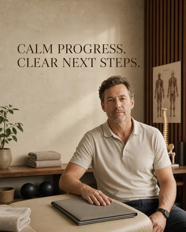 LinkedIn graphic reading “CALM PROGRESS. CLEAR NEXT STEPS.” over a male physical therapist in a beige polo shirt sitting beside a treatment table in a clinic
