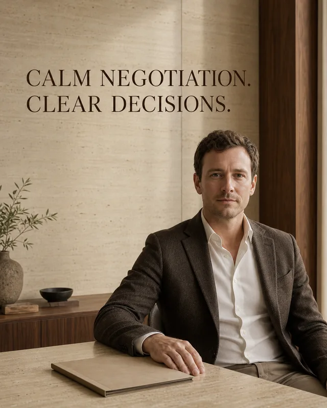 LinkedIn graphic reading “CALM NEGOTIATION. CLEAR DECISIONS.” over a man in a dark blazer sitting at an office desk