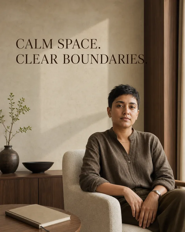 LinkedIn graphic reading “CALM SPACE.
CLEAR BOUNDARIES.” over a person sitting in a cream armchair in a warm minimalist room