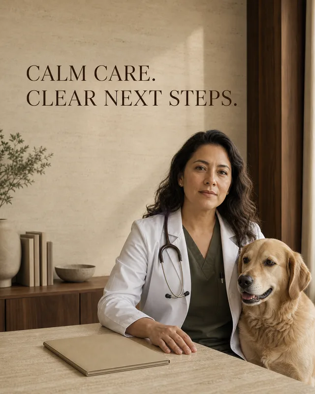 LinkedIn graphic reading “CALM CARE.
CLEAR NEXT STEPS.” over a female veterinarian sitting at a desk next to a golden retriever