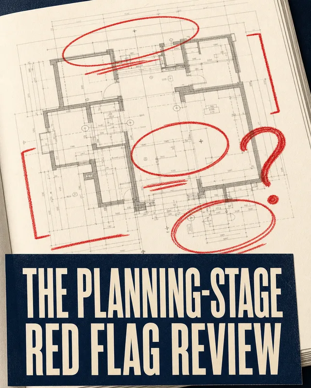 LinkedIn graphic reading “THE PLANNING-STAGE RED FLAG REVIEW” over an architectural floor plan with red markup circles and a question mark