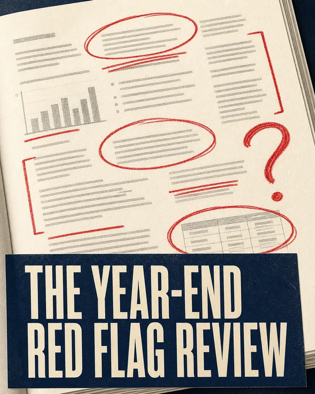 LinkedIn graphic reading “THE YEAR-END RED FLAG REVIEW” over an open document page marked with red annotations, charts, and a large question mark
