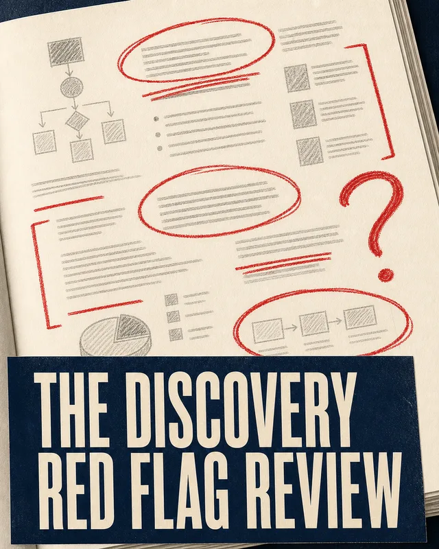 LinkedIn graphic reading “THE DISCOVERY
RED FLAG REVIEW” over a notebook page filled with pencil sketches and red review annotations