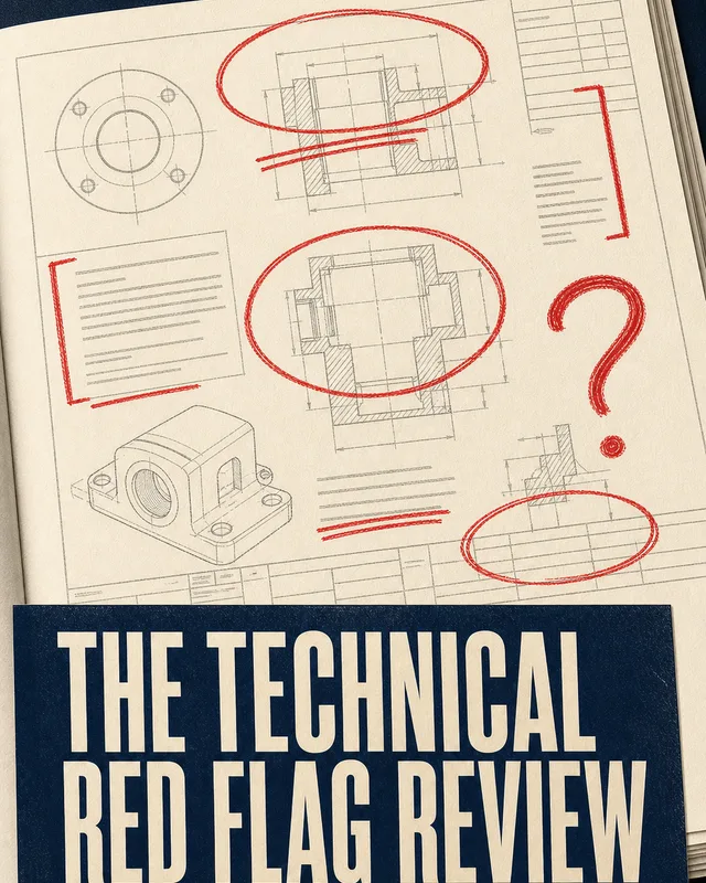 LinkedIn graphic reading “THE TECHNICAL
RED FLAG REVIEW” over an engineering blueprint diagram marked with red pencil circles and annotations