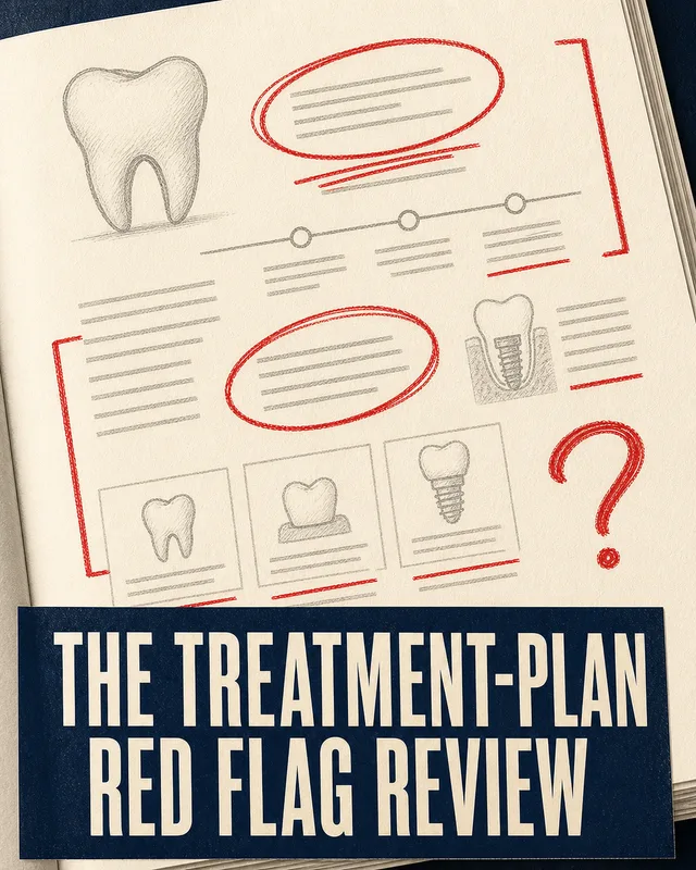 LinkedIn graphic reading “THE TREATMENT-PLAN RED FLAG REVIEW” over a notebook page filled with pencil dental sketches and red pen annotations