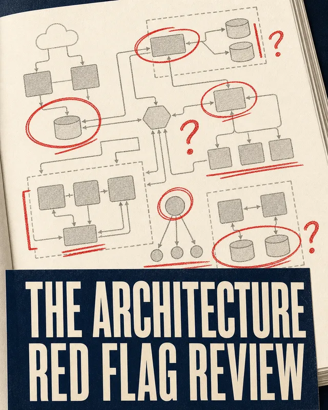 LinkedIn graphic reading “THE ARCHITECTURE
RED FLAG REVIEW” over a notebook page filled with an architecture flowchart marked up with red circles and question marks