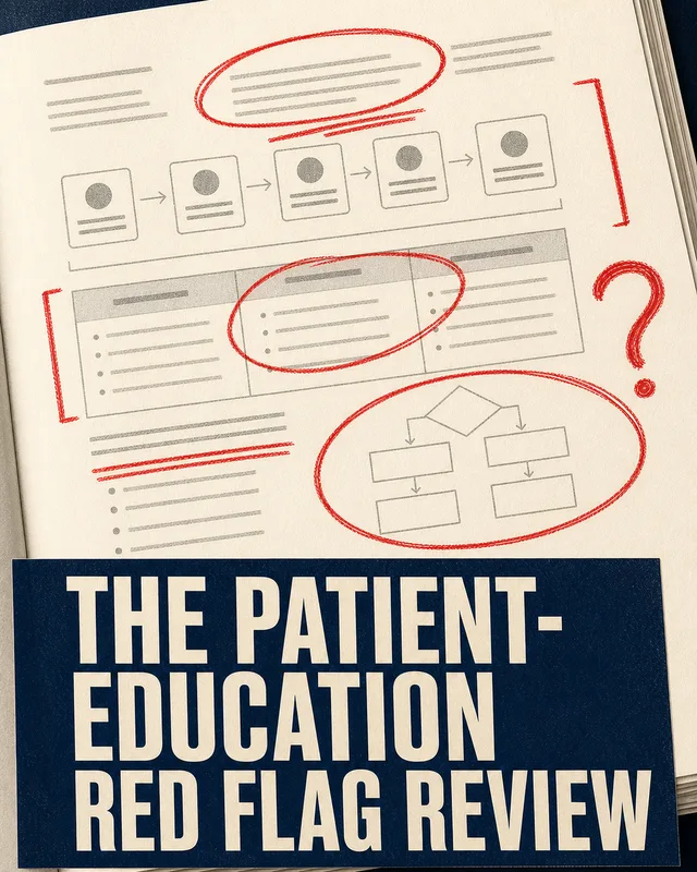 LinkedIn graphic reading “THE PATIENT-EDUCATION RED FLAG REVIEW” over an open document filled with wireframes and charts marked up with red proofreading annotations