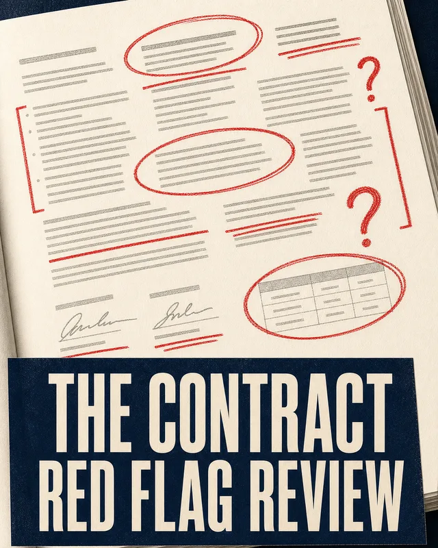 LinkedIn graphic reading “THE CONTRACT
RED FLAG REVIEW” over a printed contract covered in red pen audit marks and question marks