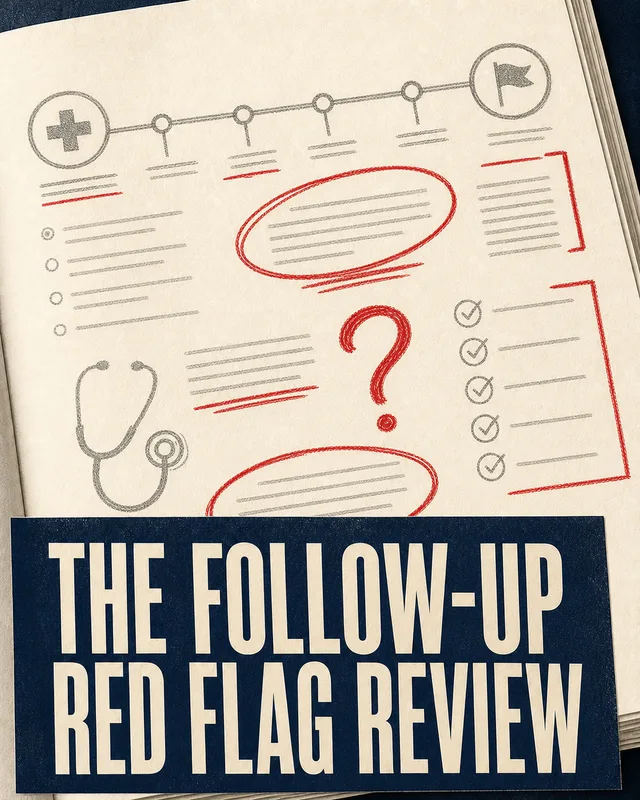 LinkedIn graphic reading “THE FOLLOW-UP RED FLAG REVIEW” over an open sketchbook page with hand-drawn medical notes and red annotations