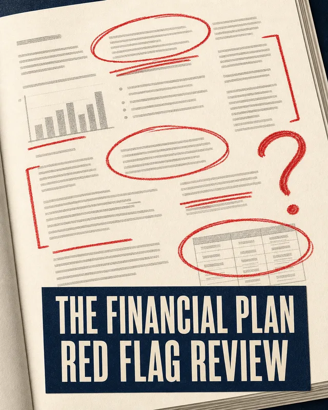 LinkedIn graphic reading “THE FINANCIAL PLAN
RED FLAG REVIEW” over a printed financial document marked up with red pencil annotations, circles, and a question mark