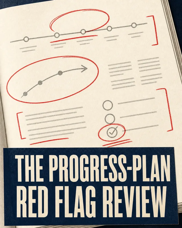 LinkedIn graphic reading “THE PROGRESS-PLAN RED FLAG REVIEW” over an open sketchbook page with wireframe diagrams, a timeline, and red pen markup circles