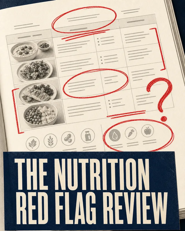 LinkedIn graphic reading “THE NUTRITION
RED FLAG REVIEW” over a printed meal plan document marked up with red ink circles and notes