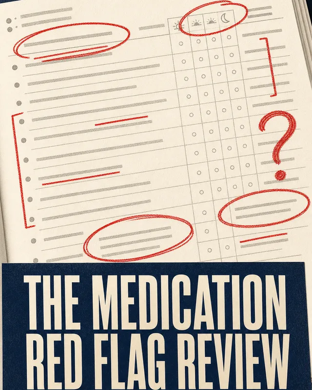 LinkedIn graphic reading “THE MEDICATION
RED FLAG REVIEW” over a medication schedule chart annotated with red pen circles and a question mark