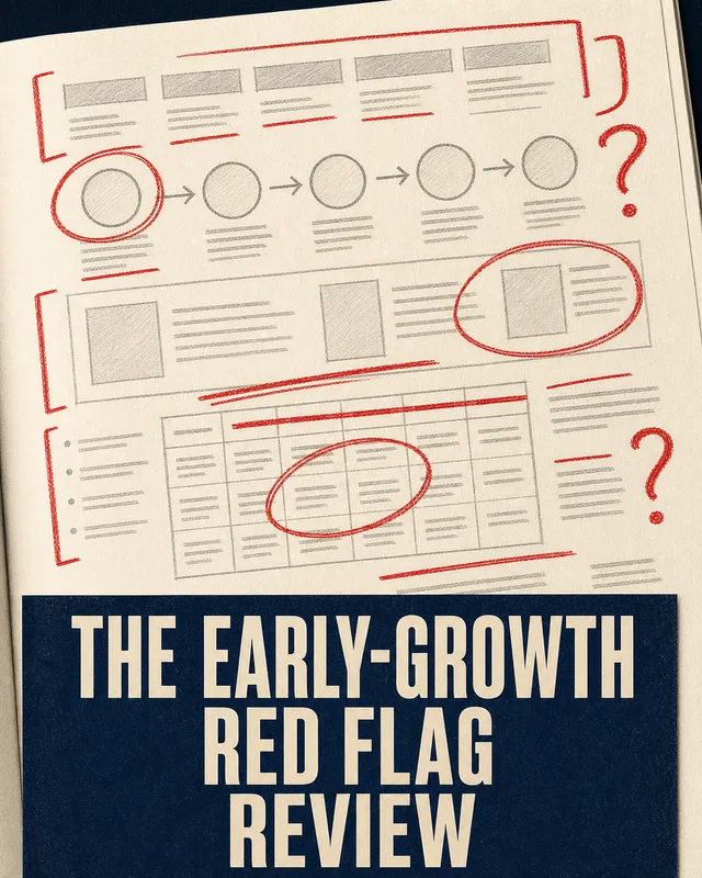 LinkedIn graphic reading “THE EARLY-GROWTH
RED FLAG
REVIEW” over a sketched wireframe process diagram annotated with red pencil markups