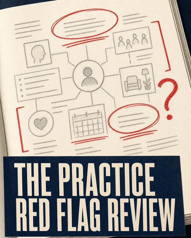 LinkedIn graphic reading “THE PRACTICE
RED FLAG REVIEW” over a sketched workflow diagram in an open notebook with red crayon annotations