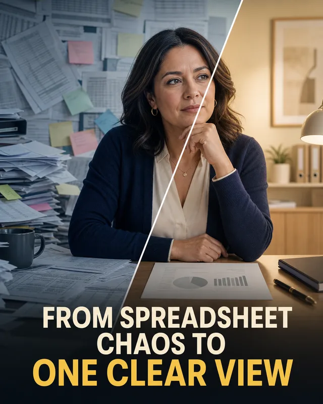 LinkedIn graphic reading “FROM SPREADSHEET
CHAOS TO
ONE CLEAR VIEW” over a woman seated at a desk split diagonally between a chaotic messy office and a clean organised workspace
