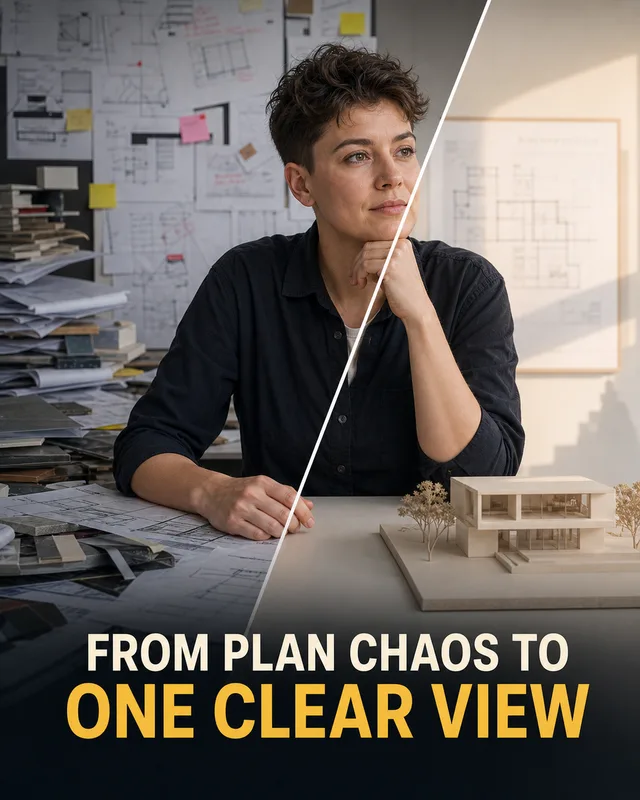 LinkedIn graphic reading “FROM PLAN CHAOS TO
ONE CLEAR VIEW” over a female architect sitting at a split desk showing cluttered blueprints on the left and a clean scale model on the right