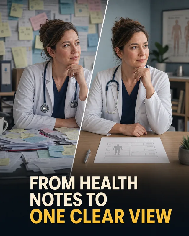 LinkedIn graphic reading “FROM HEALTH NOTES TO ONE CLEAR VIEW” over a split comparison of a female doctor at a chaotic desk versus a clean organized desk