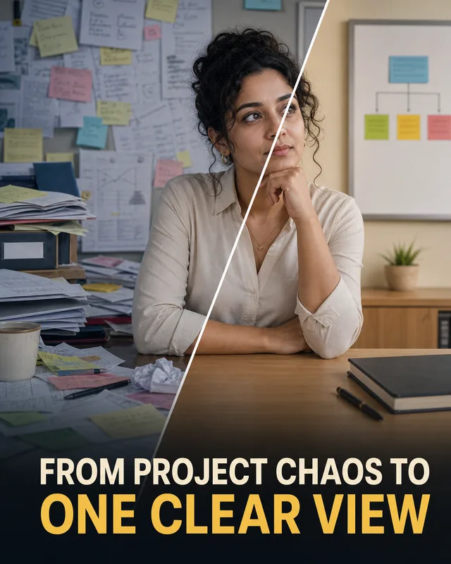 LinkedIn graphic reading “FROM PROJECT CHAOS TO ONE CLEAR VIEW” over a woman at a desk split between a chaotic office and an organized office