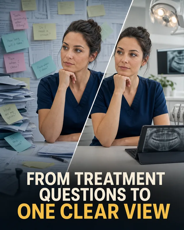 LinkedIn graphic reading “FROM TREATMENT QUESTIONS TO ONE CLEAR VIEW” over a split-screen comparison of a female dentist surrounded by messy paperwork versus working cleanly with a digital tablet