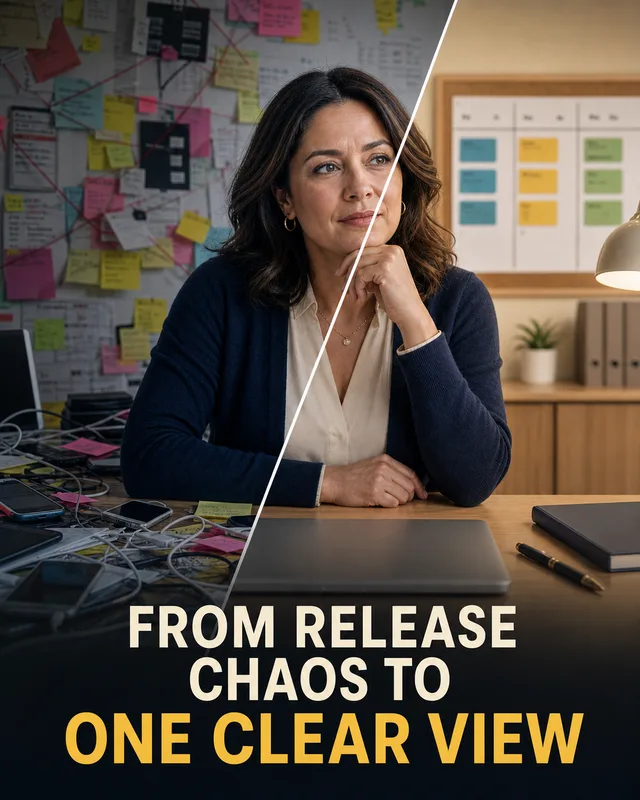 LinkedIn graphic reading “FROM RELEASE CHAOS TO ONE CLEAR VIEW” over a woman seated at a desk with a diagonal split showing a chaotic office on the left and a calm, organized office on the right