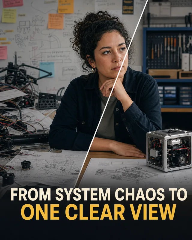LinkedIn graphic reading “FROM SYSTEM CHAOS TO ONE CLEAR VIEW” over a female engineer sitting at a desk split diagonally between messy prototype wires and an organized hardware device