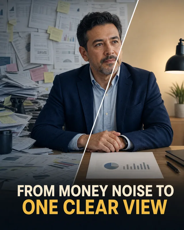 LinkedIn graphic reading “FROM MONEY NOISE TO ONE CLEAR VIEW” over a businessman at a desk split between a chaotic paper-filled office and a clean organized desk