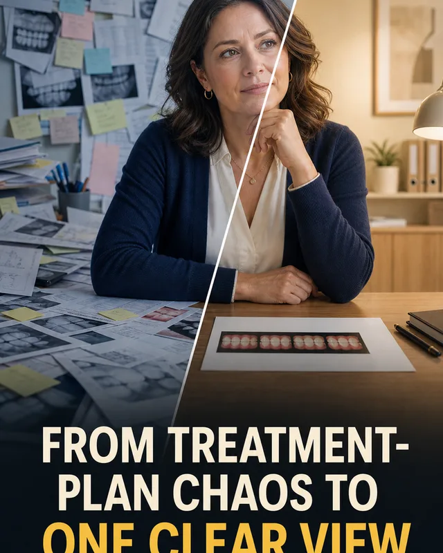LinkedIn graphic reading “FROM TREATMENT-PLAN CHAOS TO ONE CLEAR VIEW” over a female professional sitting at a desk split between paper clutter and clean organization
