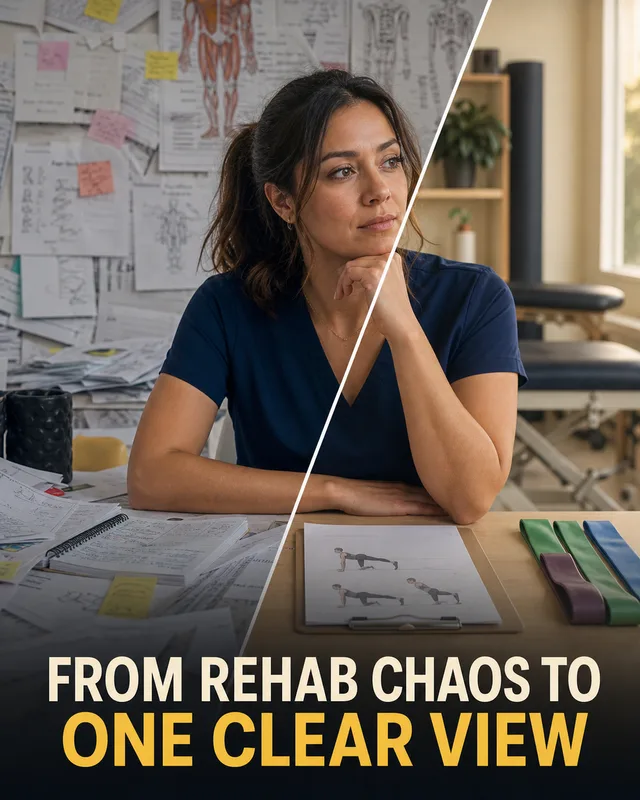 LinkedIn graphic reading “FROM REHAB CHAOS TO
ONE CLEAR VIEW” over a female healthcare professional sitting at a desk with a diagonal split showing chaos versus clarity