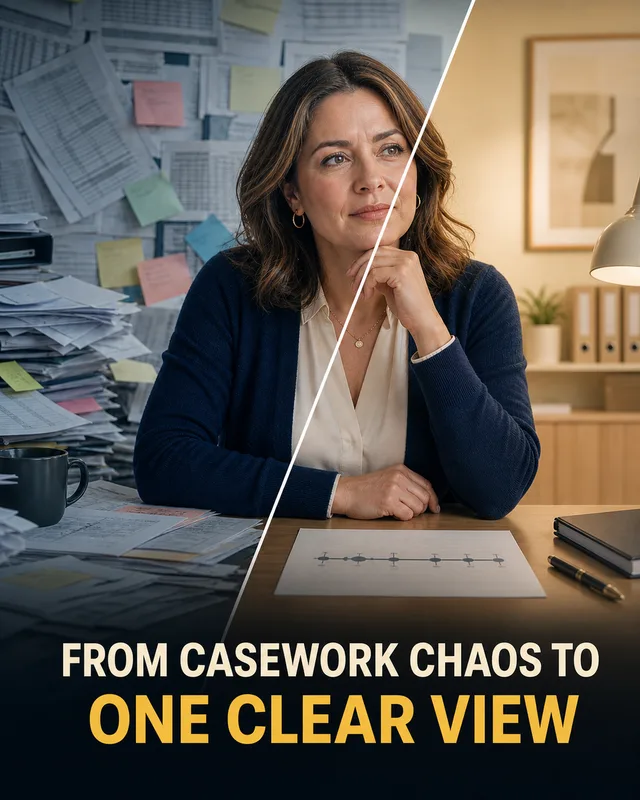 LinkedIn graphic reading “FROM CASEWORK CHAOS TO ONE CLEAR VIEW” over a professional woman seated at a desk split between a chaotic, paper-cluttered office and a calm, organized workspace