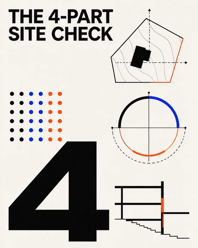 LinkedIn graphic reading “THE 4-PART SITE CHECK” over architectural site diagrams and a large numeral 4