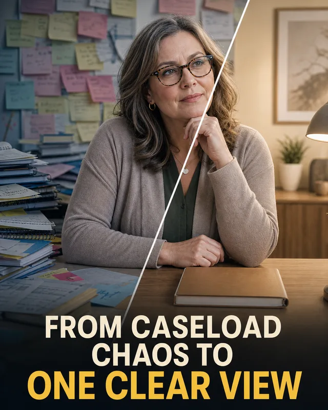 LinkedIn graphic reading “FROM CASELOAD CHAOS TO ONE CLEAR VIEW” over a woman at a desk split diagonally between a cluttered, chaotic office and a clean, serene workspace