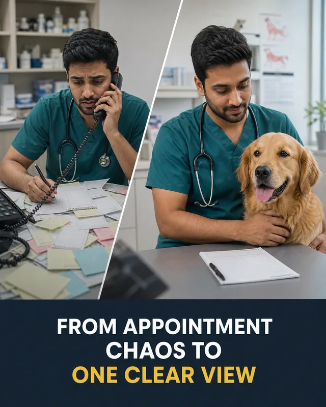 LinkedIn graphic reading “FROM APPOINTMENT CHAOS TO ONE CLEAR VIEW” over a split screen before-and-after of a stressed vet with messy paperwork versus a relaxed vet petting a golden retriever