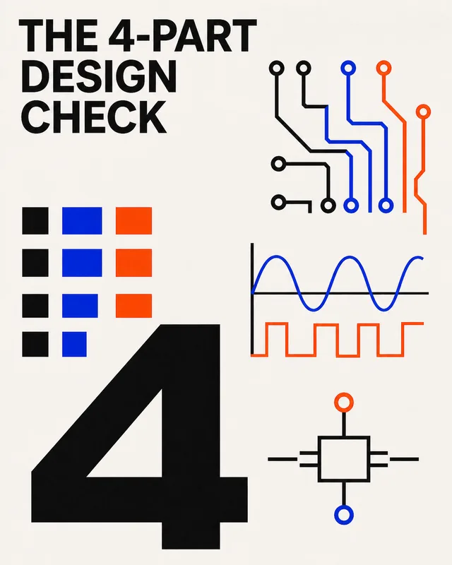 LinkedIn graphic reading “THE 4-PART
DESIGN
CHECK” over A large bold number 4 surrounded by technical circuit diagrams and waveforms