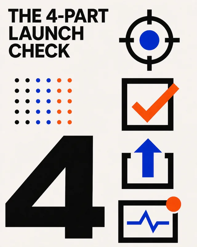 LinkedIn graphic reading “THE 4-PART
LAUNCH
CHECK” over a bold numeral 4 flanked by four graphic status icons