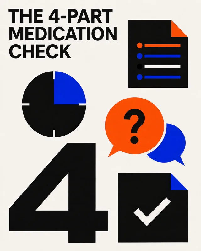 LinkedIn graphic reading “THE 4-PART
MEDICATION
CHECK” over a graphic layout of bold geometric icons and a large number 4