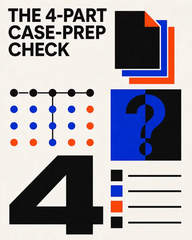 LinkedIn graphic reading “THE 4-PART CASE-PREP CHECK” over a four-part geometric graphic layout featuring documents, a dot diagram, a question mark, and a number four