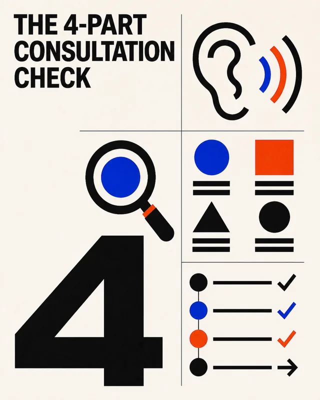 LinkedIn graphic reading “THE 4-PART CONSULTATION CHECK” over a modular grid layout with bold number 4, listening ear icon, and infographic diagrams
