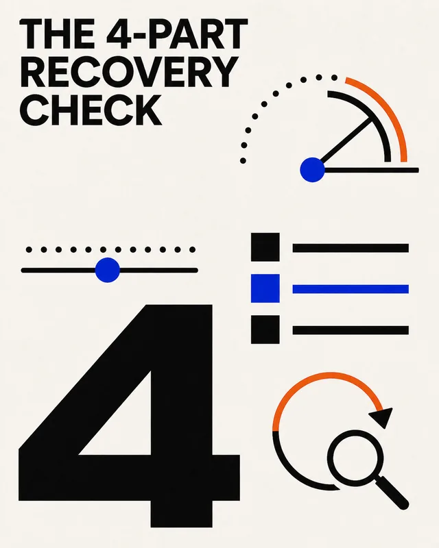 LinkedIn graphic reading “THE 4-PART RECOVERY CHECK” over a bold black numeral 4 surrounded by abstract UI and dashboard icons